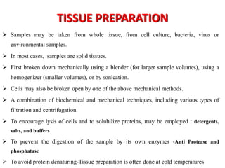 TISSUE PREPARATION
 Samples may be taken from whole tissue, from cell culture, bacteria, virus or
environmental samples.
 In most cases, samples are solid tissues.
 First broken down mechanically using a blender (for larger sample volumes), using a
homogenizer (smaller volumes), or by sonication.
 Cells may also be broken open by one of the above mechanical methods.
 A combination of biochemical and mechanical techniques, including various types of
filtration and centrifugation.
 To encourage lysis of cells and to solubilize proteins, may be employed : detergents,
salts, and buffers
 To prevent the digestion of the sample by its own enzymes -Anti Protease and
phosphatase
 To avoid protein denaturing-Tissue preparation is often done at cold temperatures
 