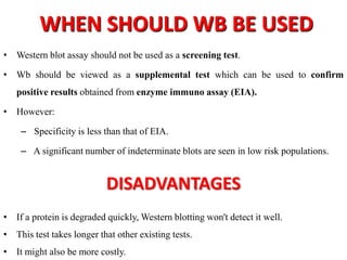 WHEN SHOULD WB BE USED
• Western blot assay should not be used as a screening test.
• Wb should be viewed as a supplemental test which can be used to confirm
positive results obtained from enzyme immuno assay (EIA).
• However:
– Specificity is less than that of EIA.
– A significant number of indeterminate blots are seen in low risk populations.
DISADVANTAGES
• If a protein is degraded quickly, Western blotting won't detect it well.
• This test takes longer that other existing tests.
• It might also be more costly.
 
