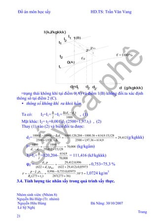 Đồ án môn học sấy HD.TS: Trần Văn Vang
Nhóm sinh viên: (Nhóm 8)
Nguyễn Bá Hiệp (Tr. nhóm)
Nguyễn Hữu Hùng Đà Nãng: 30/10/2007
Lê Sỹ Nghị
Trang
21
(C)
0
1
2`
2
f
t
I
I
d d d (g/kgkkk)
I(kJ/kgkkk)
(C)
t
0
2
t
1
2
1
2 2`
f =100%
0
d=d0 1
l
(A)
(B)
+trạng thái không khí tại điểm 0(A) và điểm 1(B) không đổi.ta xác định
thông số tại điểm 2 (C).
• thông số không khí ra khỏi hầm.
Ta có: I2=I1+
l
∆
=I1+
1000
)( 12 dd −∆
, (1)
Mặt khác: I2= t2+0,001.d2 (2500+1,97.t2) , (2)
Thay (1) vào (2) và biến đổi ta được:
d2= 412,29
9,61436.97,12500
128,15.9,61436.1000204,120.1000
97,12500
.10001000
2
121
=
++
+−
=
∆−+
∆−−
t
dtI
(g/kgkkk)
l= 008,70
128,15412,29
10001000
12
=
−
=
− dd
(kg/kgẩm)
I2=I1+
l
∆
=120,204-
008,70
9,614
= 111,416 (kJ/kgkkk)
φ2 = =
+
=
+ 05973,0).412,29622(
996,0.412,29
)622(
.
22
2
bhpd
pd
0,753=75,3 %
=
+
−
=
+
−
= 5^10.
)36273(287
05973,0.753,0996,0
)273( 2
22
tR
pp
k
ϕ
ρ 1,0724 kg/m3
3.4. Tính lượng tác nhân sấy trong quá trình sấy thực.
 