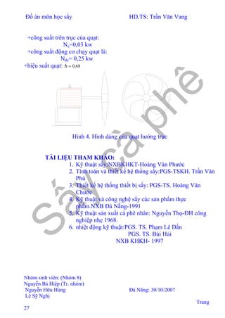 Đồ án môn học sấy HD.TS: Trần Văn Vang
Nhóm sinh viên: (Nhóm 8)
Nguyễn Bá Hiệp (Tr. nhóm)
Nguyễn Hữu Hùng Đà Nãng: 30/10/2007
Lê Sỹ Nghị
Trang
27
+công suất trên trục của quạt:
Ne=0,03 kw
+công suất động cơ chạy quạt là:
Nđc= 0,25 kw
+hiệu suất quạt: 68,0=η
Hình 4. Hình dáng của quạt hướng trục
TÀI LIỆU THAM KHẢO:
1. Kỹ thuật sấy:NXBKHKT-Hoàng Văn Phước
2. Tính toán và thiết kế hệ thống sấy:PGS-TSKH. Trần Văn
Phú
3. Thiết kế hệ thống thiết bị sấy: PGS-TS. Hoàng Văn
Chước
4. Kỹ thuật và công nghệ sấy các sản phẩm thực
phẩm.NXB Đà Nẵng-1991
5. Kỹ thuật sản xuất cà phê nhân: Nguyễn Thọ-ĐH công
nghiệp nhẹ 1968.
6. nhiệt động kỹ thuật:PGS. TS. Phạm Lê Dần
PGS. TS. Bùi Hải
NXB KHKH- 1997
 