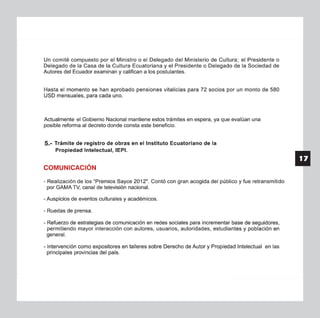 Sociedad de Autores del Ecuador (SAYCE): Memoria anual 2012