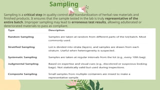 Sampling
Sampling is a critical step in quality control and standardization of herbal raw materials and
finished products. It ensures that the sample tested in the lab is truly representative of the
entire batch. Improper sampling may lead to erroneous test results, allowing adulterated or
deteriorated materials to pass as compliant.
 