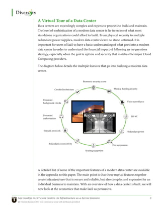 A Virtual Tour of a Data Center 
                 Data centers are exceedingly complex and expensive projects to build and maintain.
                 The level of sophistication of a modern data center is far in excess of what most
                 standalone organizations could afford to build. From physical security to multiple
                 redundant power supplies, modern data centers leave no stone unturned. It is
                 important for users of IaaS to have a basic understanding of what goes into a modern
                 data center in order to understand the financial impact of following an on-premises
                 strategy, especially when the goal is uptime and security that matches the major Cloud
                 Computing providers.

                 The diagram below details the multiple features that go into building a modern data
                 center.




                 A detailed list of some of the important features of a modern data center are available
                 in the appendix to this paper. The main point is that these myriad features together
                 create infrastructure that is secure and reliable, but also complex and expensive for an
                 individual business to maintain. With an overview of how a data center is built, we will
                 now look at the economics that make IaaS so persuasive.

Say Goodbye to DIY Data Centers: An Infrastructure-as-a-Service Intensive	                              3
© Diversity Limited, 2011 Non-commercial reuse with attribution permitted
 