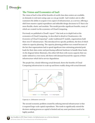 The Vision and Economics of IaaS
                  The vision of IaaS is that all the benefits of world-class data centers are available,
                  on demand, to end users using a pay-as-you go model. IaaS vendors aim to offer
                  customers the ability to acquire every aspect of infrastructure, as a service, offering a
                  shift from massive capital expenditure and inflexible design decisions to IT that is far
                  more flexible, elastic and modular. This model provides significant benefits, many of
                  which are created via the economics of Cloud Computing.

                  Previously we published a CloudU report [1] that took an in-depth look at the
                  economics of Cloud Computing. As described in detail in Cloudonomics: the
                  Economics of Cloud Computing[2], under traditional IT models, organizations built
                  their own IT infrastructure. This introduced two specific problems, the first of which
                  relates to capacity planning. The capacity planning problem was created because of
                  the fact that organizations had to spend significant time estimating potential peak
                  loads for their data center and purchasing sufficient hardware to handle these loads.
                  As the diagram below illustrates, this either left them with excess capacity that was
                  under-utilized or, even worse, left them with demand beyond the capacity of their
                  infrastructure which led to service degradation.

                  The purple line, closely following actual demand, shows the benefits of Cloud
                  Computing infrastructure to scale up and down readily along with actual demand.




                  Capacity vs. Utilization curves [3]

                  The second economic problem created by utilizing internal infrastructure is that
                  it required large-scale capital expenditure. This tends to significantly extend the
                  decision-making process as capital is limited and any asset purchases need to be
                  highly justified.

Say Goodbye to DIY Data Centers: An Infrastructure-as-a-Service Intensive	                                    4
© Diversity Limited, 2011 Non-commercial reuse with attribution permitted
 