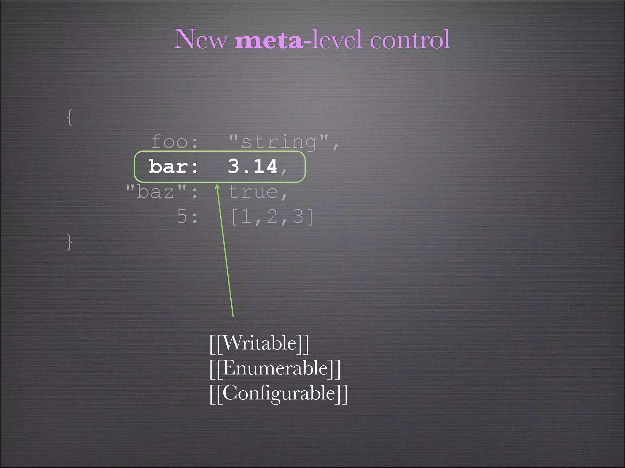 New meta-level control

{
      foo:     "string",
      bar:     3.14,
    "baz":     true,
        5:     [1,2,3]
}



             [[Writable]]
             [[Enumerable]]
             [[Configurable]]
 