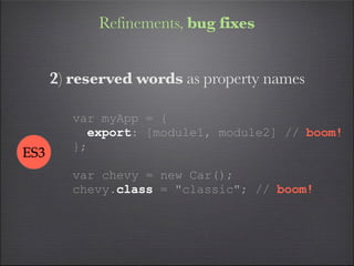 Refinements, bug fixes


      2) reserved words as property names

         var myApp = {
           export: [module1, module2] // boom!
         };
ES3
         var chevy = new Car();
         chevy.class = "classic"; // boom!
 