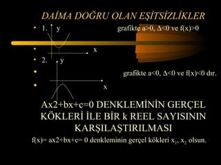 DAİMA DOĞRU OLAN EŞİTSİZLİKLER
• 1.    y                   grafikte a>0, ∆<0 ve f(x)>0

•                   x
• 2.     y
•                             grafikte a<0, ∆<0 ve f(x)<0 dır.
•                       x

    Ax2+bx+c=0 DENKLEMİNİN GERÇEL
    KÖKLERİ İLE BİR k REEL SAYISININ
          KARŞILAŞTIRILMASI
f(x)= ax2+bx+c= 0 denkleminin gerçel kökleri x1, x2 olsun.
 