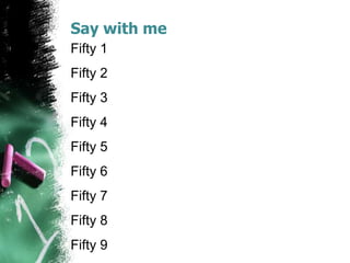 Say with me
Fifty 1
Fifty 2
Fifty 3
Fifty 4
Fifty 5
Fifty 6
Fifty 7
Fifty 8
Fifty 9