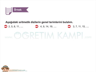 Aşağıdaki aritmetik dizilerin genel terimlerini bulalım.
2, 5, 8, 11, .... 4, 9, 14, 19, .... 3, 7, 11, 15, ....
 