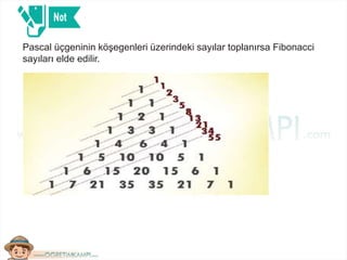 Pascal üçgeninin köşegenleri üzerindeki sayılar toplanırsa Fibonacci
sayıları elde edilir.
 