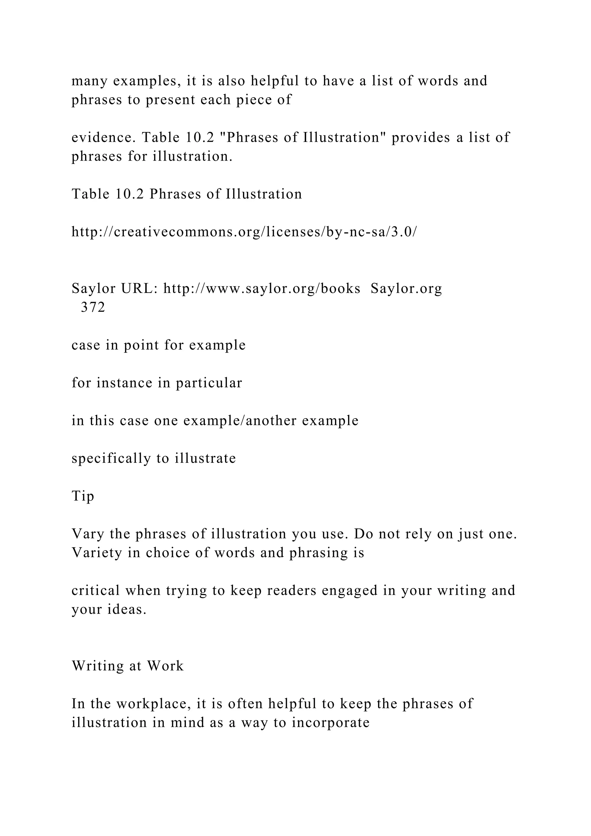 many examples, it is also helpful to have a list of words and
phrases to present each piece of
evidence. Table 10.2 "Phrases of Illustration" provides a list of
phrases for illustration.
Table 10.2 Phrases of Illustration
http://creativecommons.org/licenses/by-nc-sa/3.0/
Saylor URL: http://www.saylor.org/books Saylor.org
372
case in point for example
for instance in particular
in this case one example/another example
specifically to illustrate
Tip
Vary the phrases of illustration you use. Do not rely on just one.
Variety in choice of words and phrasing is
critical when trying to keep readers engaged in your writing and
your ideas.
Writing at Work
In the workplace, it is often helpful to keep the phrases of
illustration in mind as a way to incorporate
 
