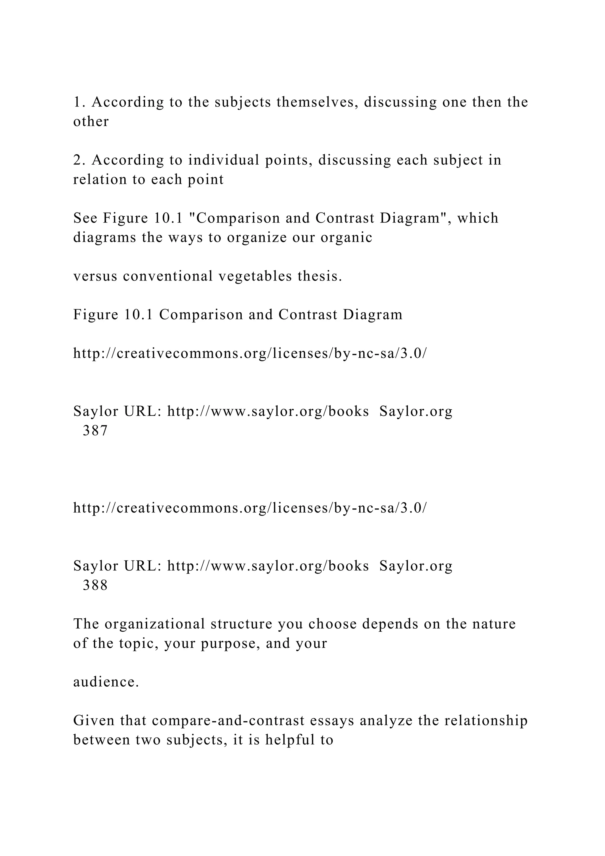 1. According to the subjects themselves, discussing one then the
other
2. According to individual points, discussing each subject in
relation to each point
See Figure 10.1 "Comparison and Contrast Diagram", which
diagrams the ways to organize our organic
versus conventional vegetables thesis.
Figure 10.1 Comparison and Contrast Diagram
http://creativecommons.org/licenses/by-nc-sa/3.0/
Saylor URL: http://www.saylor.org/books Saylor.org
387
http://creativecommons.org/licenses/by-nc-sa/3.0/
Saylor URL: http://www.saylor.org/books Saylor.org
388
The organizational structure you choose depends on the nature
of the topic, your purpose, and your
audience.
Given that compare-and-contrast essays analyze the relationship
between two subjects, it is helpful to
 