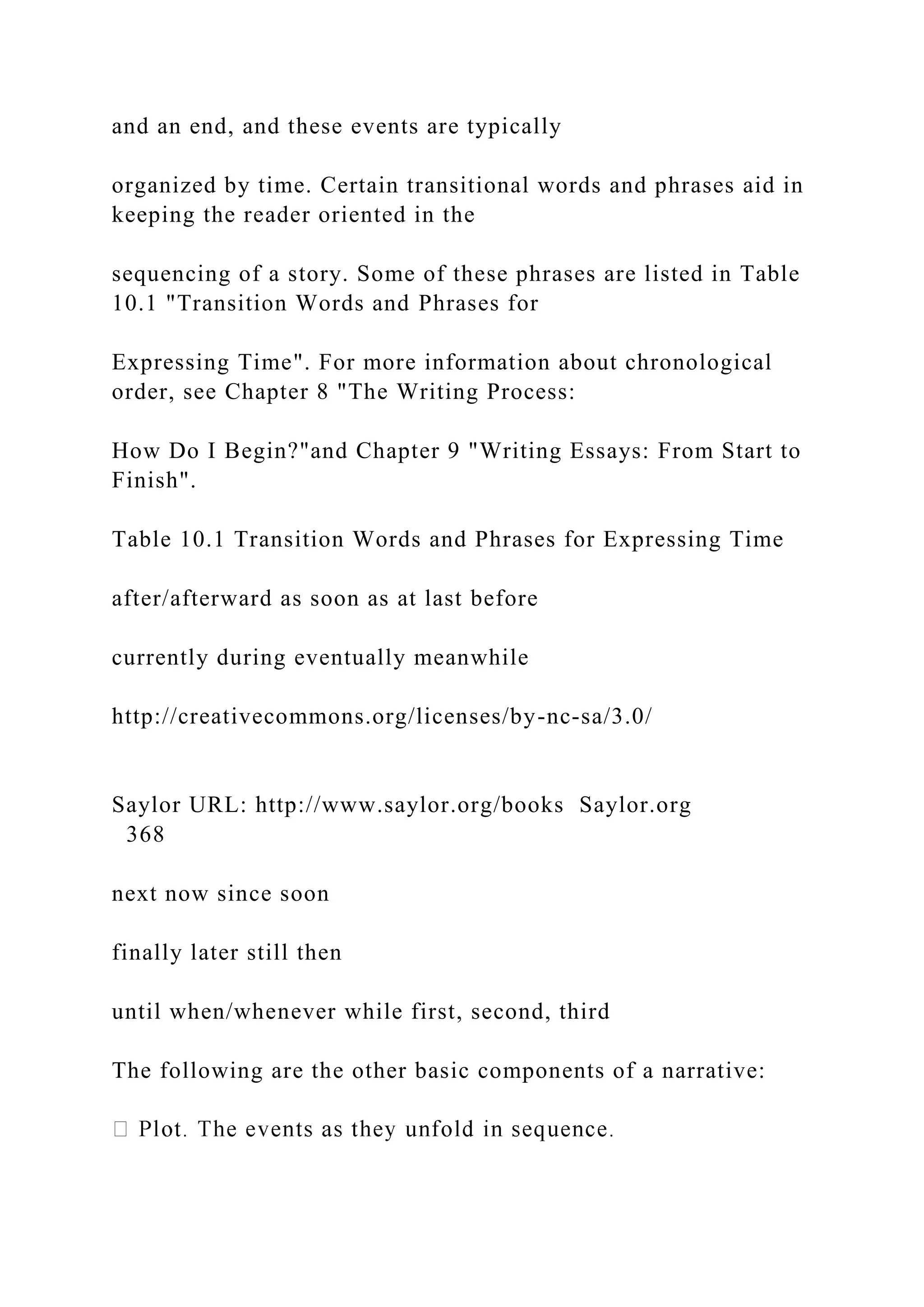 and an end, and these events are typically
organized by time. Certain transitional words and phrases aid in
keeping the reader oriented in the
sequencing of a story. Some of these phrases are listed in Table
10.1 "Transition Words and Phrases for
Expressing Time". For more information about chronological
order, see Chapter 8 "The Writing Process:
How Do I Begin?"and Chapter 9 "Writing Essays: From Start to
Finish".
Table 10.1 Transition Words and Phrases for Expressing Time
after/afterward as soon as at last before
currently during eventually meanwhile
http://creativecommons.org/licenses/by-nc-sa/3.0/
Saylor URL: http://www.saylor.org/books Saylor.org
368
next now since soon
finally later still then
until when/whenever while first, second, third
The following are the other basic components of a narrative:
 