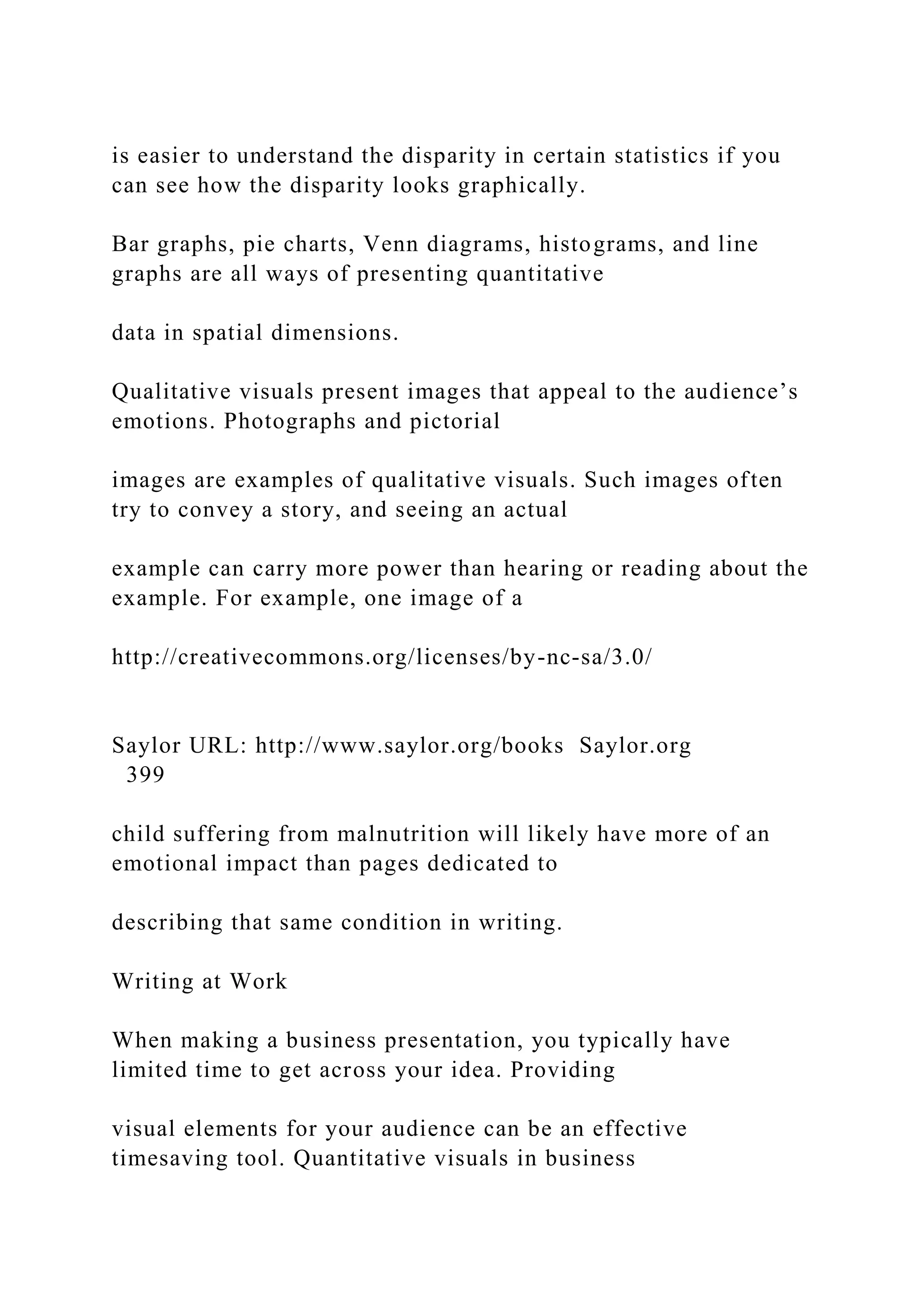 is easier to understand the disparity in certain statistics if you
can see how the disparity looks graphically.
Bar graphs, pie charts, Venn diagrams, histograms, and line
graphs are all ways of presenting quantitative
data in spatial dimensions.
Qualitative visuals present images that appeal to the audience’s
emotions. Photographs and pictorial
images are examples of qualitative visuals. Such images often
try to convey a story, and seeing an actual
example can carry more power than hearing or reading about the
example. For example, one image of a
http://creativecommons.org/licenses/by-nc-sa/3.0/
Saylor URL: http://www.saylor.org/books Saylor.org
399
child suffering from malnutrition will likely have more of an
emotional impact than pages dedicated to
describing that same condition in writing.
Writing at Work
When making a business presentation, you typically have
limited time to get across your idea. Providing
visual elements for your audience can be an effective
timesaving tool. Quantitative visuals in business
 