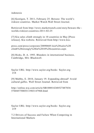 indonesia
[6] Kostigen, T. 2011, February 25. Beware: The world’s
riskiest countries. Market Watch.Wall Street Journal.
Retrieved from http://www.marketwatch.com/story/beware-the -
worlds-riskiest-countries-2011-02-25
[7] Kia sales climb strongly in 10 countries in May [Press
release]. Kia website. Retrieved from http://www.kia-
press.com/press/corporate/20090605-kia%20sales%20
climb%20strongly%20in%2010%20countries.aspx
[8] Ricks, D. A. 1993. Blunders in international business.
Cambridge, MA: Blackwell.
Saylor URL: http://www.saylor.org/books Saylor.org
218
[9] Maltby, E. 2010, January 19. Expanding abroad? Avoid
cultural gaffes. Wall Street Journal. Retrieved from
http://online.wsj.com/article/SB100014240527487036
57604575005511903147960.html
Saylor URL: http://www.saylor.org/books Saylor.org
219
7.2 Drivers of Success and Failure When Competing in
International Markets
 
