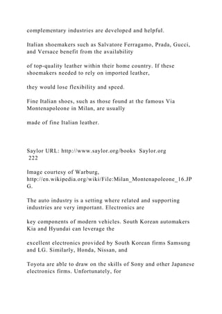 complementary industries are developed and helpful.
Italian shoemakers such as Salvatore Ferragamo, Prada, Gucci,
and Versace benefit from the availability
of top-quality leather within their home country. If these
shoemakers needed to rely on imported leather,
they would lose flexibility and speed.
Fine Italian shoes, such as those found at the famous Via
Montenapoleone in Milan, are usually
made of fine Italian leather.
Saylor URL: http://www.saylor.org/books Saylor.org
222
Image courtesy of Warburg,
http://en.wikipedia.org/wiki/File:Milan_Montenapoleone_16.JP
G.
The auto industry is a setting where related and supporting
industries are very important. Electronics are
key components of modern vehicles. South Korean automakers
Kia and Hyundai can leverage the
excellent electronics provided by South Korean firms Samsung
and LG. Similarly, Honda, Nissan, and
Toyota are able to draw on the skills of Sony and other Japanese
electronics firms. Unfortunately, for
 