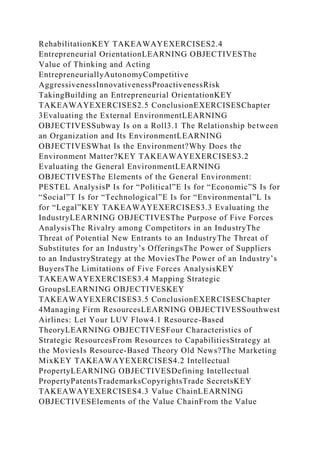 RehabilitationKEY TAKEAWAYEXERCISES2.4
Entrepreneurial OrientationLEARNING OBJECTIVESThe
Value of Thinking and Acting
EntrepreneuriallyAutonomyCompetitive
AggressivenessInnovativenessProactivenessRisk
TakingBuilding an Entrepreneurial OrientationKEY
TAKEAWAYEXERCISES2.5 ConclusionEXERCISESChapter
3Evaluating the External EnvironmentLEARNING
OBJECTIVESSubway Is on a Roll3.1 The Relationship between
an Organization and Its EnvironmentLEARNING
OBJECTIVESWhat Is the Environment?Why Does the
Environment Matter?KEY TAKEAWAYEXERCISES3.2
Evaluating the General EnvironmentLEARNING
OBJECTIVESThe Elements of the General Environment:
PESTEL AnalysisP Is for “Political”E Is for “Economic”S Is for
“Social”T Is for “Technological”E Is for “Environmental”L Is
for “Legal”KEY TAKEAWAYEXERCISES3.3 Evaluating the
IndustryLEARNING OBJECTIVESThe Purpose of Five Forces
AnalysisThe Rivalry among Competitors in an IndustryThe
Threat of Potential New Entrants to an IndustryThe Threat of
Substitutes for an Industry’s OfferingsThe Power of Suppliers
to an IndustryStrategy at the MoviesThe Power of an Industry’s
BuyersThe Limitations of Five Forces AnalysisKEY
TAKEAWAYEXERCISES3.4 Mapping Strategic
GroupsLEARNING OBJECTIVESKEY
TAKEAWAYEXERCISES3.5 ConclusionEXERCISESChapter
4Managing Firm ResourcesLEARNING OBJECTIVESSouthwest
Airlines: Let Your LUV Flow4.1 Resource-Based
TheoryLEARNING OBJECTIVESFour Characteristics of
Strategic ResourcesFrom Resources to CapabilitiesStrategy at
the MoviesIs Resource-Based Theory Old News?The Marketing
MixKEY TAKEAWAYEXERCISES4.2 Intellectual
PropertyLEARNING OBJECTIVESDefining Intellectual
PropertyPatentsTrademarksCopyrightsTrade SecretsKEY
TAKEAWAYEXERCISES4.3 Value ChainLEARNING
OBJECTIVESElements of the Value ChainFrom the Value
 