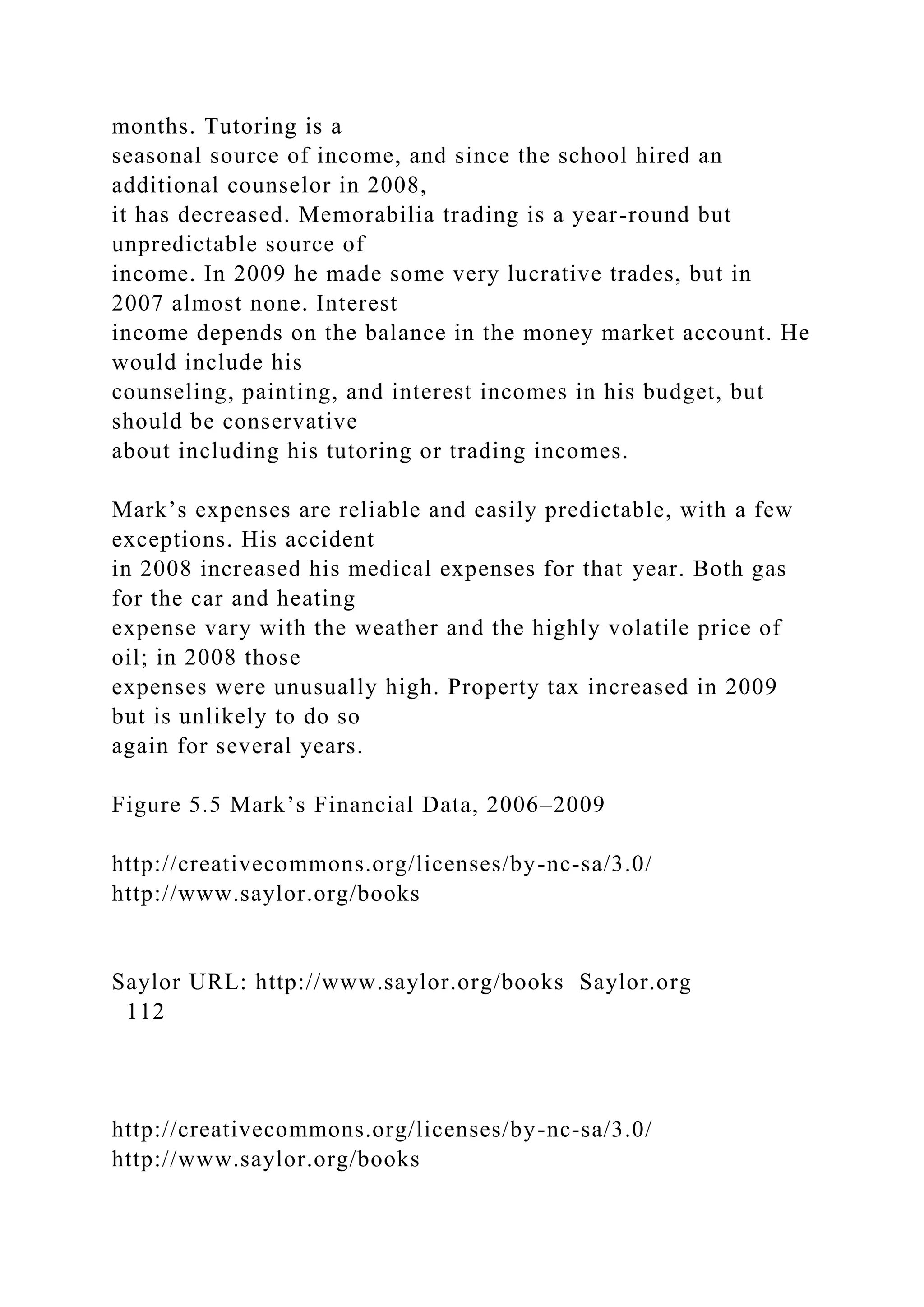 months. Tutoring is a
seasonal source of income, and since the school hired an
additional counselor in 2008,
it has decreased. Memorabilia trading is a year-round but
unpredictable source of
income. In 2009 he made some very lucrative trades, but in
2007 almost none. Interest
income depends on the balance in the money market account. He
would include his
counseling, painting, and interest incomes in his budget, but
should be conservative
about including his tutoring or trading incomes.
Mark’s expenses are reliable and easily predictable, with a few
exceptions. His accident
in 2008 increased his medical expenses for that year. Both gas
for the car and heating
expense vary with the weather and the highly volatile price of
oil; in 2008 those
expenses were unusually high. Property tax increased in 2009
but is unlikely to do so
again for several years.
Figure 5.5 Mark’s Financial Data, 2006–2009
http://creativecommons.org/licenses/by-nc-sa/3.0/
http://www.saylor.org/books
Saylor URL: http://www.saylor.org/books Saylor.org
112
http://creativecommons.org/licenses/by-nc-sa/3.0/
http://www.saylor.org/books
 