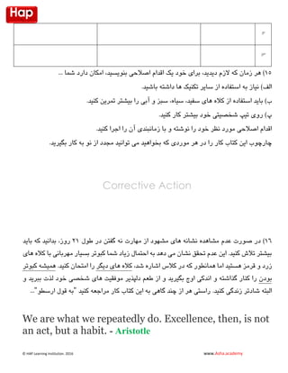© HAP Learning Institution. 1026 www.Asha.academy
12
13
25)‫دیدید‬ ‫الزم‬ ‫که‬ ‫زمان‬ ‫هر‬‫اصالحی‬ ‫اقدام‬ ‫یک‬ ‫خود‬ ‫برای‬ ،‫بنویسید‬... ‫شما‬ ‫دارد‬ ‫امکان‬ ،
)‫الف‬‫سایر‬ ‫از‬ ‫استفاده‬ ‫به‬ ‫نیاز‬.‫باشید‬ ‫داشته‬ ‫ها‬ ‫تکنیک‬
‫ب‬)‫باید‬‫از‬ ‫استفاده‬‫کاله‬‫های‬،‫سفید‬‫سیاه‬‫سبز‬ ،‫بیشتر‬ ‫را‬ ‫آبی‬ ‫و‬‫کنید‬ ‫تمرین‬.
‫پ‬)‫خود‬ ‫شخصیتی‬ ‫تیپ‬ ‫روی‬‫بیشتر‬.‫کنید‬ ‫کار‬
‫و‬ ‫نوشته‬ ‫را‬ ‫خود‬ ‫نظر‬ ‫مورد‬ ‫اصالحی‬ ‫اقدام‬‫زمانبندی‬ ‫با‬.‫کنید‬ ‫اجرا‬ ‫را‬ ‫آن‬
‫چارچوب‬‫کار‬ ‫کتاب‬ ‫این‬‫توانید‬ ‫می‬ ‫بخواهید‬ ‫که‬ ‫موردی‬ ‫هر‬ ‫در‬ ‫را‬‫نو‬ ‫از‬ ‫مجدد‬.‫بگیرید‬ ‫کار‬ ‫به‬
Corrective Action
26‫عدم‬ ‫صورت‬ ‫در‬ )‫مشهود‬ ‫های‬ ‫نشانه‬ ‫مشاهده‬‫مهارت‬ ‫از‬‫طول‬ ‫در‬ ‫گفتن‬ ‫نه‬12‫روز‬،‫باید‬ ‫که‬ ‫بدانید‬
‫مهربانی‬ ‫بسیار‬ ‫کبوتر‬ ‫شما‬ ‫زیاد‬ ‫احتمال‬ ‫به‬ ‫دهد‬ ‫می‬ ‫نشان‬ ‫تحقق‬ ‫عدم‬ ‫این‬ .‫کنید‬ ‫تالش‬ ‫بیشتر‬‫ک‬ ‫با‬‫های‬ ‫اله‬
‫قرمز‬ ‫و‬ ‫زرد‬،‫شد‬ ‫اشاره‬ ‫کالس‬ ‫در‬ ‫که‬ ‫همانطور‬ ‫اما‬ ‫هستید‬‫دیگر‬ ‫های‬ ‫کاله‬.‫کنید‬ ‫امتحان‬ ‫را‬‫کبوتر‬ ‫همیشه‬
‫بودن‬‫و‬ ‫گذاشته‬ ‫کنار‬ ‫را‬‫ببرید‬ ‫لذت‬ ‫خود‬ ‫شخصی‬ ‫های‬ ‫موفقیت‬ ‫دلپذیر‬ ‫طعم‬ ‫از‬ ‫و‬ ‫بگیرید‬ ‫اوج‬ ‫اندکی‬‫و‬
.‫کنید‬ ‫زندگی‬ ‫شادتر‬ ‫البته‬‫کنید‬ ‫مراجعه‬ ‫کار‬ ‫کتاب‬ ‫این‬ ‫به‬ ‫گاهی‬ ‫چند‬ ‫از‬ ‫هر‬ ‫راستی‬"‫ارسطو‬ ‫قول‬ ‫به‬"...
We are what we repeatedly do. Excellence, then, is not
an act, but a habit. - Aristotle
 