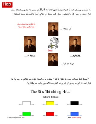 © HAP Learning Institution. 1026 www.Asha.academy
9‫پرسش‬ ‫تصاویر‬ )8‫های‬ ‫نوشته‬ ‫همراه‬ ‫به‬ ‫را‬Big Picture‫است‬ ‫چشمتان‬ ‫جلوی‬ ‫که‬ ‫جایی‬ ‫در‬ ،
‫زمینه‬ ‫کدام‬ ‫در‬ ‫بیشتر‬ ‫شما‬ ‫راستی‬ .‫زندگی‬ ‫یا‬ ‫کار‬ ‫محل‬ ‫در‬ ،‫دهید‬ ‫قرار‬‫ها‬‫هستید؟‬ ‫بهبود‬ ‫نیازمند‬
20‫دارید؟‬ ‫سر‬ ‫بر‬ ‫کالهی‬ ‫چه‬ ‫اکنون‬ ‫است؟‬ ‫بوده‬ ‫چگونه‬ ‫کنون‬ ‫تا‬ ‫گفتن‬ ‫نه‬ ‫مورد‬ ‫در‬ ‫شما‬ ‫تفکر‬ ‫سبک‬ )
‫بعد‬ ‫به‬ ‫این‬ ‫از‬ ‫است‬ ‫قرار‬‫تمرین‬ ‫برای‬‫کاله‬ ‫چه‬ ‫گفتن‬ ‫نه‬‫های‬‫ی‬‫را‬‫بگذارید؟‬ ‫سر‬ ‫بر‬
‫برای‬ ‫کسانی‬ ‫چه‬ ‫به‬ ‫گفتن‬ ‫نه‬
‫شما‬‫بیشتر‬‫است؟‬ ‫سخت‬
... ‫دوستان‬
‫خانواده‬...‫همکاران‬...
‫افراد‬‫قلق‬ ‫بد‬...
The Si x Thi nki ng Hat s
(Edward de Bono)
 