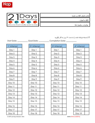 © HAP Learning Institution. 1026 www.Asha.academy
2‫به‬ ‫را‬ ‫شده‬ ‫نوشته‬ ‫نسخه‬ )‫مدت‬12‫به‬ ‫روز‬:‫بگیرید‬ ‫کار‬ 3
Start Date: ___________ Goal Date: ___________ Completion Date: ___________
1st Attempt 2nd Attempt 3rd Attempt 4th Attempt
Day 1 Day 1 Day 1 Day 1
Day 2 Day 2 Day 2 Day 2
Day 3 Day 3 Day 3 Day 3
Day 4 Day 4 Day 4 Day 4
Day 5 Day 5 Day 5 Day 5
Day 6 Day 6 Day 6 Day 6
Day 7 Day 7 Day 7 Day 7
Day 8 Day 8 Day 8 Day 8
Day 9 Day 9 Day 9 Day 9
Day 10 Day 10 Day 10 Day 10
Day 11 Day 11 Day 11 Day 11
Day 12 Day 12 Day 12 Day 12
Day 13 Day 13 Day 13 Day 13
Day 14 Day 14 Day 14 Day 14
Day 15 Day 15 Day 15 Day 15
Day 16 Day 16 Day 16 Day 16
Day 17 Day 17 Day 17 Day 17
Day 18 Day 18 Day 18 Day 18
:‫شده‬ ‫گذاری‬ ‫هدف‬ ‫عادت‬
:‫اصلی‬ ‫انگیزه‬
:‫ها‬ ‫مشوق‬ ‫و‬ ‫جایزه‬
 