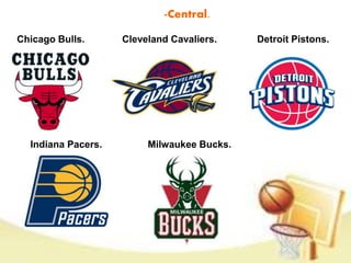 -Central. 
Chicago Bulls. Cleveland Cavaliers. Detroit Pistons. 
Indiana Pacers. Milwaukee Bucks. 
 