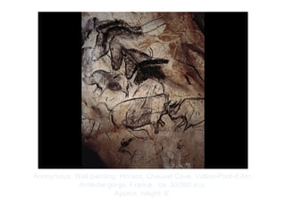 Copyright ©2012 Pearson Inc.
Anonymous. Wall painting: Horses, Chauvet Cave, Vallon-Pont-d’Arc,
Ardèche gorge, France. ca. 30,000 BCE.
Approx. height: 6'.
 