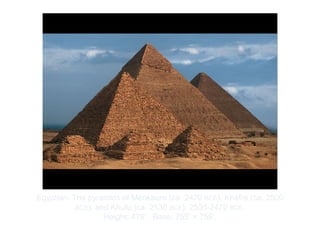 Copyright ©2012 Pearson Inc.
Egyptian. The pyramids of Menkaure (ca. 2470 BCE), Khafre (ca. 2500
BCE), and Khufu (ca. 2530 BCE). 2530-2470 BCE.
Height: 479'. Base: 755' × 755'.
 
