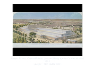Copyright ©2012 Pearson Inc.
Joseph Paxton. Crystal Palace, London (lithograph by Charles Burton).
1851.
Length: 1848' Width: 408’.
 