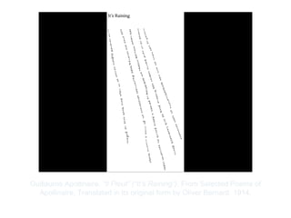 Copyright ©2012 Pearson Inc.
Guillaume Apollinaire. “Il Pleut” (“It’s Raining”). From Selected Poems of
Apollinaire, Translated in its original form by Oliver Bernard. 1914.
 