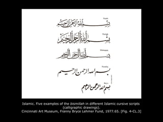 Islamic. Five examples of the bismillah in different Islamic cursive scripts
(calligraphic drawings).
Cincinnati Art Museum, Franny Bryce Lehmer Fund, 1977.65. [Fig. 4-CL.3]
 