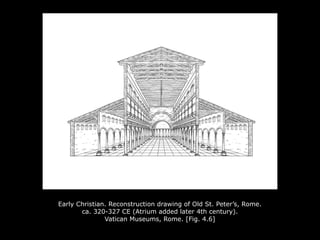 Early Christian. Reconstruction drawing of Old St. Peter’s, Rome.
ca. 320-327 CE (Atrium added later 4th century).
Vatican Museums, Rome. [Fig. 4.6]
 