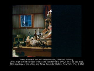 Teresa Hubbard and Alexander Birchler, Detached Building.
2001. High-definition video with sound transferred to DVD, 5 min. 38 sec. loop.
Stills courtesy of the artists and Tanya Bonakdar Gallery, New York. [Fig. 6-15a]
 