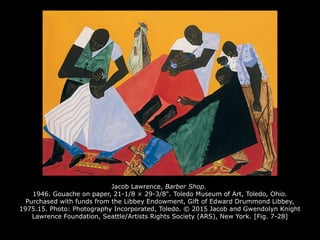 Jacob Lawrence, Barber Shop.
1946. Gouache on paper, 21-1/8 × 29-3/8". Toledo Museum of Art, Toledo, Ohio.
Purchased with funds from the Libbey Endowment, Gift of Edward Drummond Libbey,
1975.15. Photo: Photography Incorporated, Toledo. © 2015 Jacob and Gwendolyn Knight
Lawrence Foundation, Seattle/Artists Rights Society (ARS), New York. [Fig. 7-28]
 