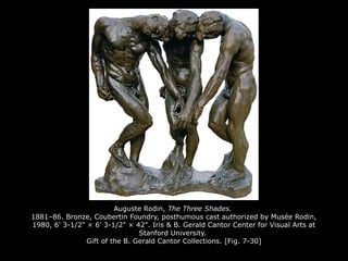 Auguste Rodin, The Three Shades.
1881–86. Bronze, Coubertin Foundry, posthumous cast authorized by Musée Rodin,
1980, 6' 3-1/2" × 6' 3-1/2" × 42". Iris & B. Gerald Cantor Center for Visual Arts at
Stanford University.
Gift of the B. Gerald Cantor Collections. [Fig. 7-30]
 