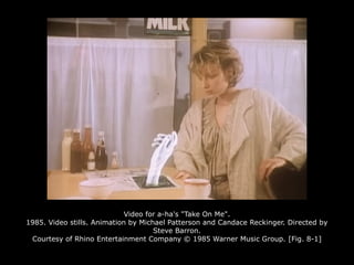 Video for a-ha's "Take On Me".
1985. Video stills. Animation by Michael Patterson and Candace Reckinger. Directed by
Steve Barron.
Courtesy of Rhino Entertainment Company © 1985 Warner Music Group. [Fig. 8-1]
 