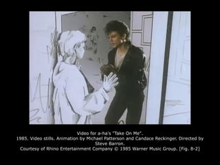 Video for a-ha's "Take On Me".
1985. Video stills. Animation by Michael Patterson and Candace Reckinger. Directed by
Steve Barron.
Courtesy of Rhino Entertainment Company © 1985 Warner Music Group. [Fig. 8-2]
 