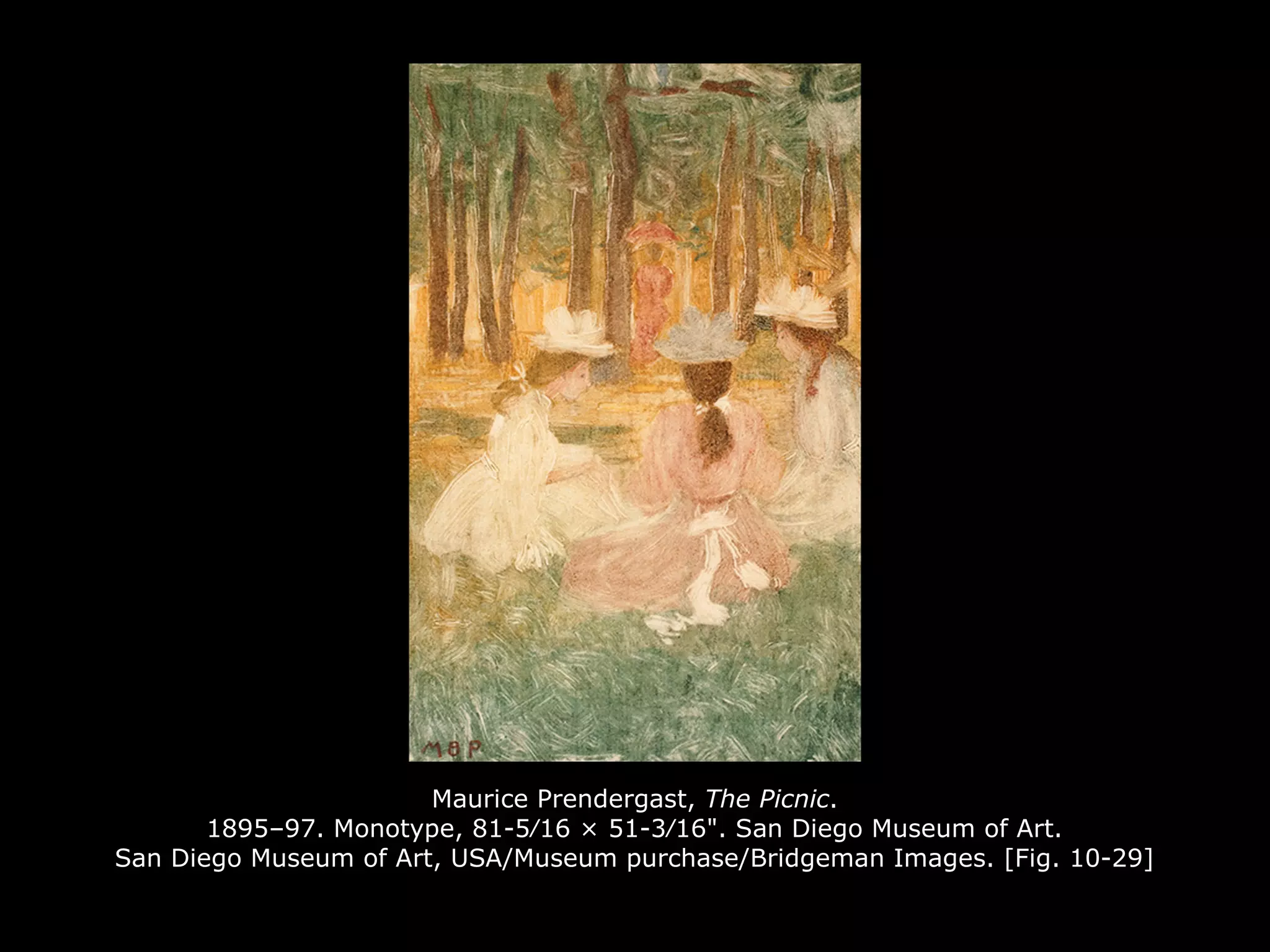 Maurice Prendergast, The Picnic.
1895–97. Monotype, 81-5⁄16 × 51-3⁄16". San Diego Museum of Art.
San Diego Museum of Art, USA/Museum purchase/Bridgeman Images. [Fig. 10-29]
 