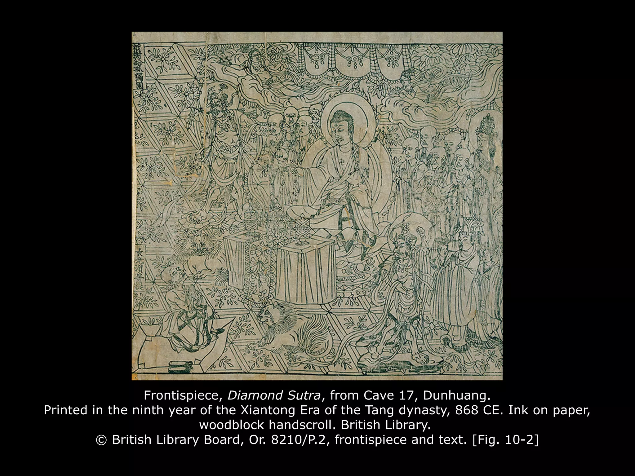 Frontispiece, Diamond Sutra, from Cave 17, Dunhuang.
Printed in the ninth year of the Xiantong Era of the Tang dynasty, 868 CE. Ink on paper,
woodblock handscroll. British Library.
© British Library Board, Or. 8210/P.2, frontispiece and text. [Fig. 10-2]
 