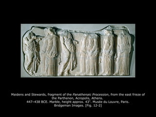 Maidens and Stewards, fragment of the Panathenaic Procession, from the east frieze of
the Parthenon, Acropolis, Athens.
447–438 BCE. Marble, height approx. 43". Musée du Louvre, Paris.
Bridgeman Images. [Fig. 12-2]
 