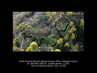 Great Serpent Mound, Adams County, Ohio, Hopewell culture.
ca. 600 BCE–200 CE. Length approx. 1,254'. 
Tony Linck/SuperStock. [Fig. 12-28]
 