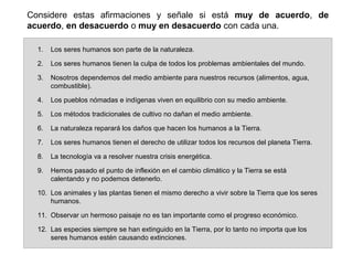 Considere estas afirmaciones y señale si está muy de acuerdo, de
acuerdo, en desacuerdo o muy en desacuerdo con cada una.

  1.   Los seres humanos son parte de la naturaleza.

  2.   Los seres humanos tienen la culpa de todos los problemas ambientales del mundo.

  3.   Nosotros dependemos del medio ambiente para nuestros recursos (alimentos, agua,
       combustible).

  4.   Los pueblos nómadas e indígenas viven en equilibrio con su medio ambiente.

  5.   Los métodos tradicionales de cultivo no dañan el medio ambiente.

  6.   La naturaleza reparará los daños que hacen los humanos a la Tierra.

  7.   Los seres humanos tienen el derecho de utilizar todos los recursos del planeta Tierra.

  8.   La tecnología va a resolver nuestra crisis energética.

  9.   Hemos pasado el punto de inflexión en el cambio climático y la Tierra se está
       calentando y no podemos detenerlo.

  10. Los animales y las plantas tienen el mismo derecho a vivir sobre la Tierra que los seres
      humanos.

  11. Observar un hermoso paisaje no es tan importante como el progreso económico.

  12. Las especies siempre se han extinguido en la Tierra, por lo tanto no importa que los
      seres humanos estén causando extinciones.
 