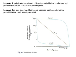 La curva III es típica de estrategias r. Una alta mortalidad se produce en las
primeras etapas del ciclo de vida de la especie.
La curva II es más bien rara. Representa especies que tienen la misma
probabilidad de morir a cualquier edad.
 