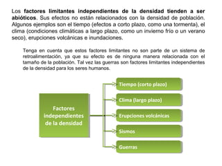 Los factores limitantes independientes de la densidad tienden a ser
abióticos. Sus efectos no están relacionados con la densidad de población.
Algunos ejemplos son el tiempo (efectos a corto plazo, como una tormenta), el
clima (condiciones climáticas a largo plazo, como un invierno frío o un verano
seco), erupciones volcánicas e inundaciones.
Tenga en cuenta que estos factores limitantes no son parte de un sistema de
retroalimentación, ya que su efecto es de ninguna manera relacionada con el
tamaño de la población. Tal vez las guerras son factores limitantes independientes
de la densidad para los seres humanos.
Factores
independientes
de la densidad
Factores
independientes
de la densidad
Clima (largo plazo)Clima (largo plazo)
Erupciones volcánicasErupciones volcánicas
SismosSismos
GuerrasGuerras
Tiempo (corto plazo)Tiempo (corto plazo)
 