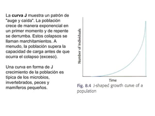 La curva J muestra un patrón de
"auge y caída". La población
crece de manera exponencial en
un primer momento y de repente
se derrumba. Estos colapsos se
llaman marchitamientos. A
menudo, la población supera la
capacidad de carga antes de que
ocurra el colapso (exceso).
Una curva en forma de J
crecimiento de la población es
típica de los microbios,
invertebrados, peces y
mamíferos pequeños.
 