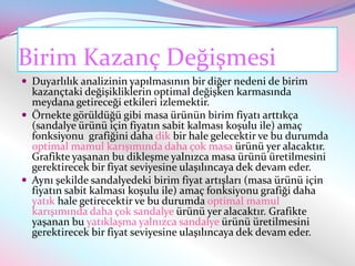 Birim Kazanç Değişmesi
 Duyarlılık analizinin yapılmasının bir diğer nedeni de birim
  kazançtaki değişikliklerin optimal değişken karmasında
  meydana getireceği etkileri izlemektir.
 Örnekte görüldüğü gibi masa ürünün birim fiyatı arttıkça
  (sandalye ürünü için fiyatın sabit kalması koşulu ile) amaç
  fonksiyonu grafiğini daha dik bir hale gelecektir ve bu durumda
  optimal mamul karışımında daha çok masa ürünü yer alacaktır.
  Grafikte yaşanan bu dikleşme yalnızca masa ürünü üretilmesini
  gerektirecek bir fiyat seviyesine ulaşılıncaya dek devam eder.
 Aynı şekilde sandalyedeki birim fiyat artışları (masa ürünü için
  fiyatın sabit kalması koşulu ile) amaç fonksiyonu grafiği daha
  yatık hale getirecektir ve bu durumda optimal mamul
  karışımında daha çok sandalye ürünü yer alacaktır. Grafikte
  yaşanan bu yatıklaşma yalnızca sandalye ürünü üretilmesini
  gerektirecek bir fiyat seviyesine ulaşılıncaya dek devam eder.
 