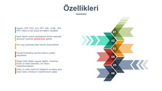 Özellikleri
01
02
03
04
05
06
Yazılım, PDF, DOC, XLS, PPT, XML, HTML, JPG,
TIFF, Video ve ses dosya formatların destekler
İçerik tabanlı arama yapıldığında aranan kelimeler
doküman üzerinde işaretlenerek getirilir.
Aynı yapı içerisinde farklı arşivler oluşturabilme.
Fon/alt fon/katalog bazında kullanıcı yetkisi
atayabilme.
Belge kimlik bilgileri yapısal değildir. Tamamen
esnek ve metin tabanlıdır, veri tabanı
kullanılmamaktadır.
Video ve audio dahil tüm belgelerin kurallara göre
insan hatası olmaksızın arşivlenmesini sağlar
 