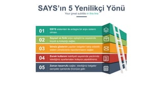 02
03
04
05
01
Sayısal ve fiziki arşiv eşleştirme sayesinde
büyük iş kolaylığı sağlar.
İzinsiz gösterim yapılan belgeleri takip edebilir,
sistem yöneticisine raporlanmasını sağlar.
Esnek kullanım kabiliyeti sayesinde yazılımda
istediğiniz ayarlamaları kolayca yapabilirsiniz.
Zaman tasarrufu sağlar, istediğiniz belgeler
saniyeler içerisinde önünüze gelir.
EBYS sistemleri ile entegre bir arşiv sistemi
olması.
SAYS’ın 5 Yenilikçi YönüYour great subtitle in this line
 