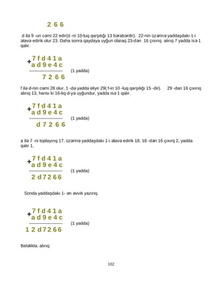 2 6 6
d il 9 -un c mi 22 edir(d -ni 10-luq qarşılığı 13 b rab rdir). 22-nin üz rin yaddaşdakı 1-iə ə ə ə ə ə
lav edirik olur 23. Daha sonra qaydaya uyğun olaraq 23-d n 16 çıxırıq alırıq 7 yadda is 1ə ə ə ə
qalır.
----------------------- (1 yadda)
7 2 6 6
f il d-nin c mi 28 olur, 1 -d yadda eliyir 29( f-in 10 -luq qarşılığı 15 -dir). 29 -dan 16 çıxırıqə ə ə
alırıq 13, hansı ki 16-lıq d-y uyğundur, yadda is 1 qalır.ə ə
----------------------- (1 yadda)
d 7 2 6 6
a il 7 -ni toplayırıq 17, üz rin yaddaşdakı 1-i lav edirik 18. 18 -d n 16 çıxırq 2, yaddaə ə ə ə ə ə
qalır 1.
----------------------- (1 yadda)
2 d 7 2 6 6
Sonda yaddaşdakı 1- n vvılı yazırıq.ə ə
----------------------- (1 yadda)
1 2 d 7 2 6 6
Bel likl , alırıq:ə ə
102
7 f d 4 1 a
a d 9 e 4 c+
7 f d 4 1 a
a d 9 e 4 c+
7 f d 4 1 a
a d 9 e 4 c+
7 f d 4 1 a
a d 9 e 4 c+
 