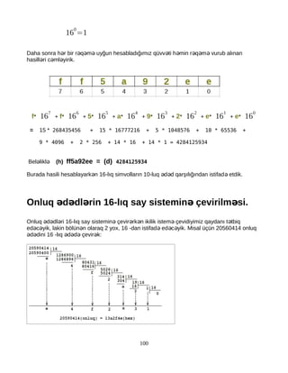 16
0
=1
Daha sonra h r bir r q m uyğun hesabladığımız qüvv ti h min r q m vurub alınanə ə ə ə ə ə ə ə ə
hasill ri c ml yirik.ə ə ə
f* 16
7
+ f* 16
6
+ 5* 16
5
+ a* 16
4
+ 9* 16
3
+ 2* 16
2
+ e* 16
1
+ e* 16
0
= 15 * 268435456 + 15 * 16777216 + 5 * 1048576 + 10 * 65536 +
9 * 4096 + 2 * 256 + 14 * 16 + 14 * 1 = 4284125934
Bel liklə ə (h) ff5a92ee = (d) 4284125934
Burada hasili hesablayark n 16-lıq simvolların 10-luq d d qarşılığından istifad etdik.ə ə ə ə
Onluq d dl rin 16-lıq say sistemin çevirilm si.ə ə ə ə ə
Onluq d dl ri 16-lıq say sistemin çevir rk n ikilik istem çevidiyimiz qaydanı t tbiqə ə ə ə ə ə ə ə
ed c yik, lakin bölün n olaraq 2 yox, 16 -dan istifad ed c yik. Misal üçün 20560414 onluqə ə ə ə ə ə
d dini 16 -lıq d d çevir k:ə ə ə ə ə ə
100
 